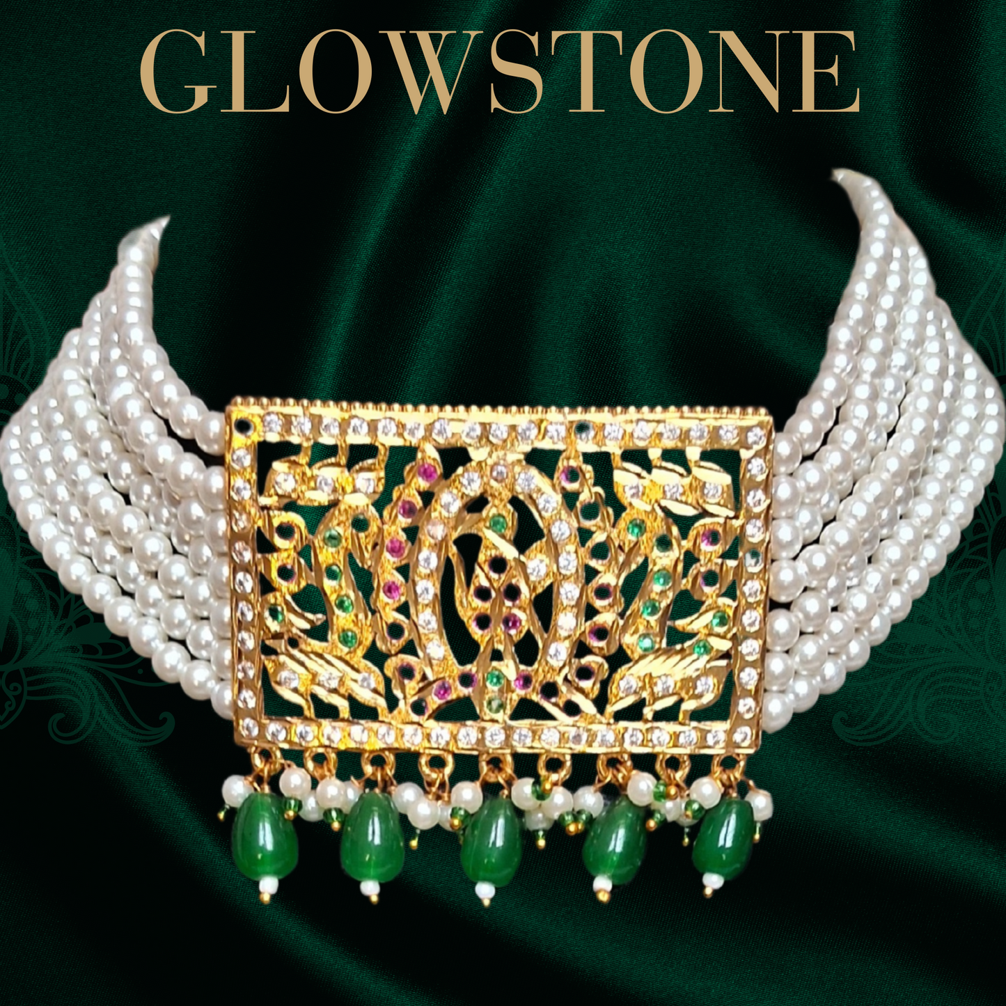 Glowstone Rajputi Pearl Choker Set with Kundan Work & Green Beads
