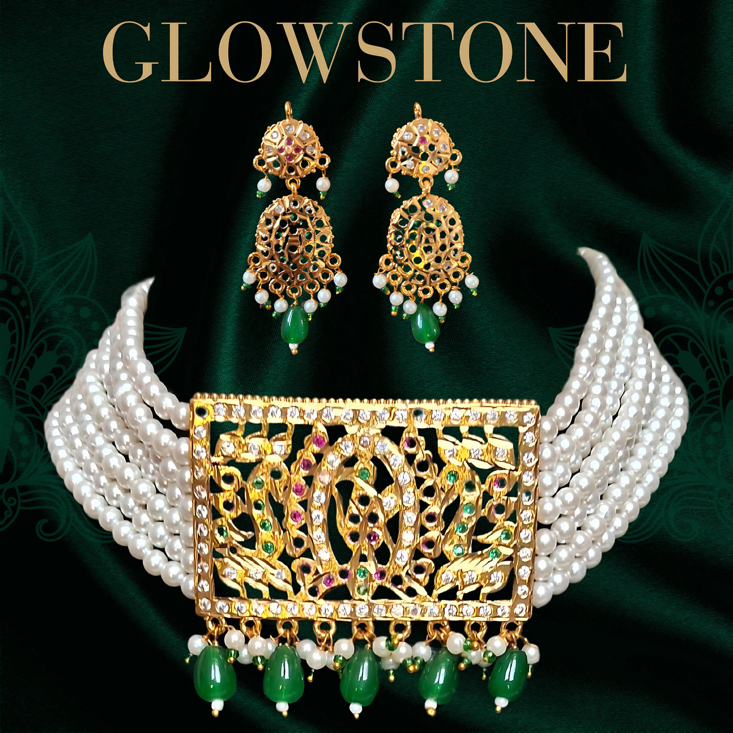 Glowstone Rajputi Pearl Choker Set with Kundan Work & Green Beads