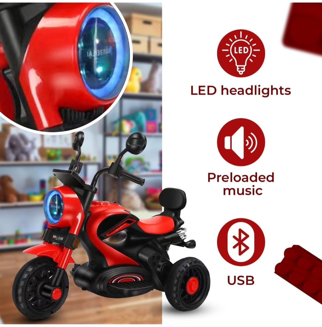 Maababy Super Harley Kids' Battery-Operated Bike - Forward/Backward Control, Variable Speed Pedal, LED Lights, Music, USB/Aux Port - BIS Certified, Comfort Seat, Playtime - Ages 1-5 Years RED