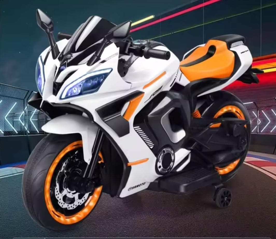 Maababy Battery Operated Ride on Bike for Kids, Electric Toy Bike with Leather Seat, Wheels Lights, Music and Key Start for Kids of Age 2 to 10 Years (White&Orange)