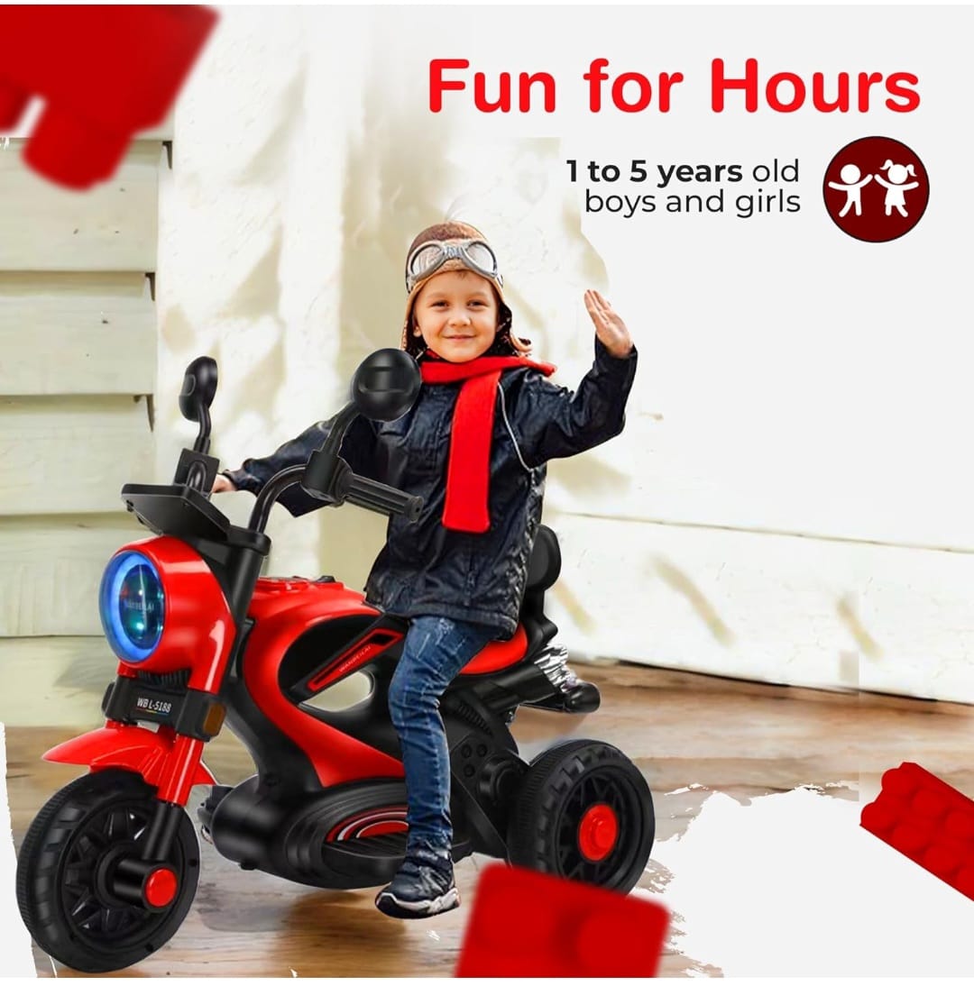 Maababy Super Harley Kids' Battery-Operated Bike - Forward/Backward Control, Variable Speed Pedal, LED Lights, Music, USB/Aux Port - BIS Certified, Comfort Seat, Playtime - Ages 1-5 Years RED