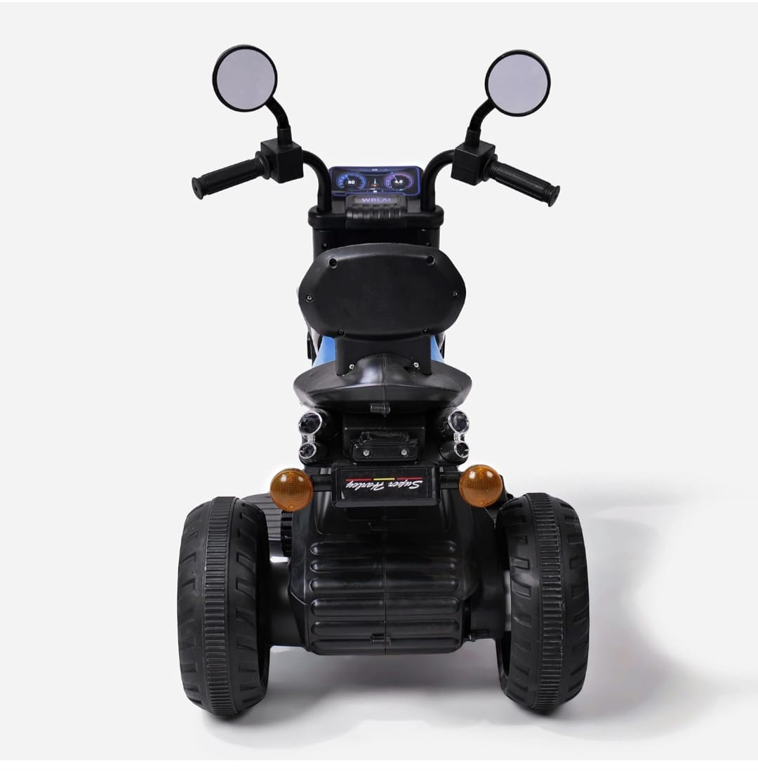 Maababy Super Harley Kids' Battery-Operated Bike - Forward/Backward Control, Variable Speed Pedal, LED Lights, Music, USB/Aux Port - BIS Certified, Comfort Seat, Playtime - Ages 1-5 Years (BLUE)