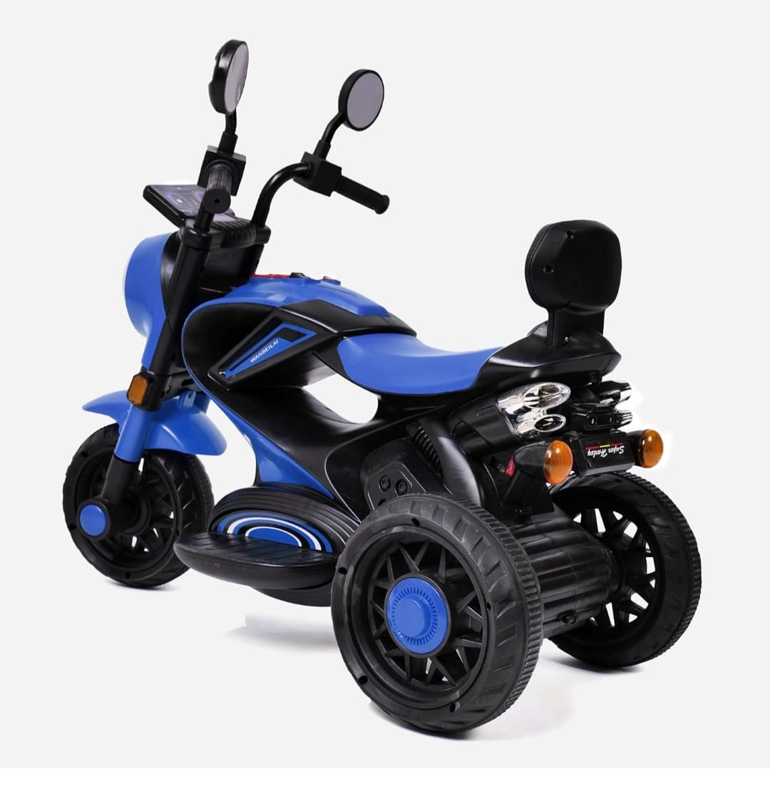 Maababy Super Harley Kids' Battery-Operated Bike - Forward/Backward Control, Variable Speed Pedal, LED Lights, Music, USB/Aux Port - BIS Certified, Comfort Seat, Playtime - Ages 1-5 Years (BLUE)