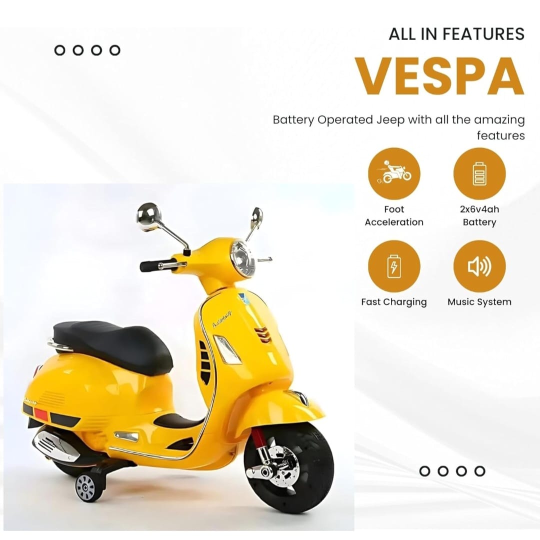 Maababy Vespa 12v Battery Opreted scooter, 1 to 8 Years Kids Scooty, yello