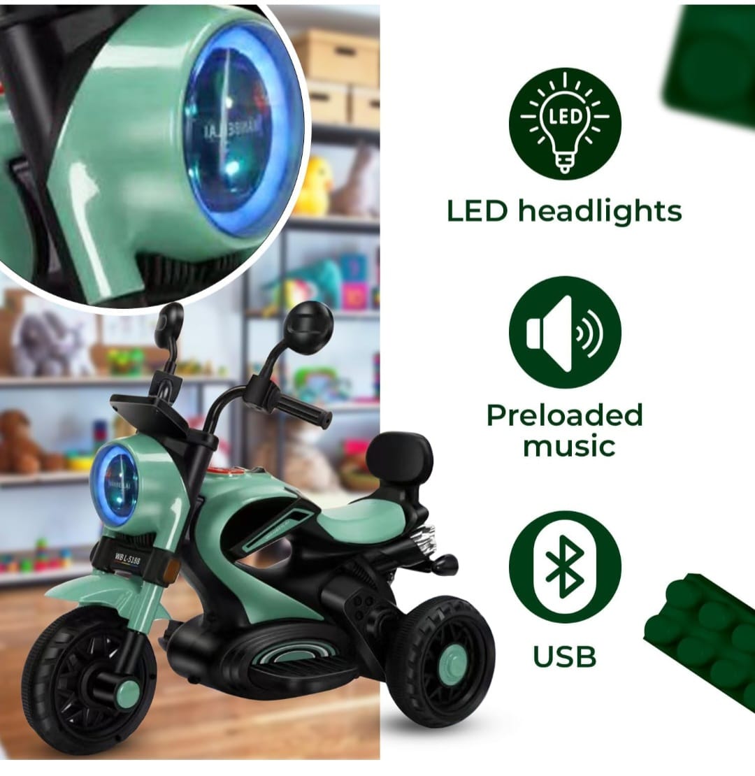 Maababy Super Harley Kids' Battery-Operated Bike, LED Lights, Music, USB- Ages 1-5 Years