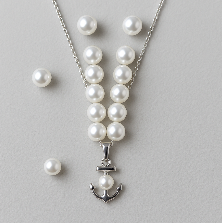 Glowstone Elegant Pearl & Anchor Pendant Set