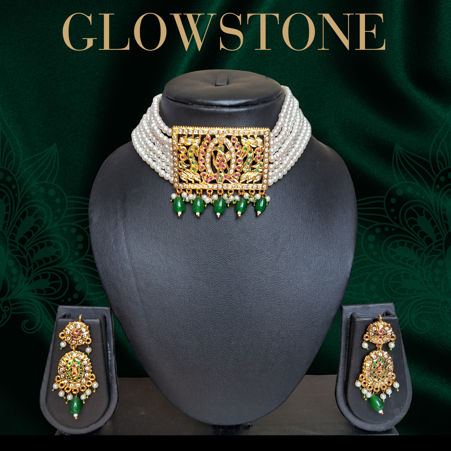 Glowstone Rajputi Pearl Choker Set with Kundan Work & Green Beads