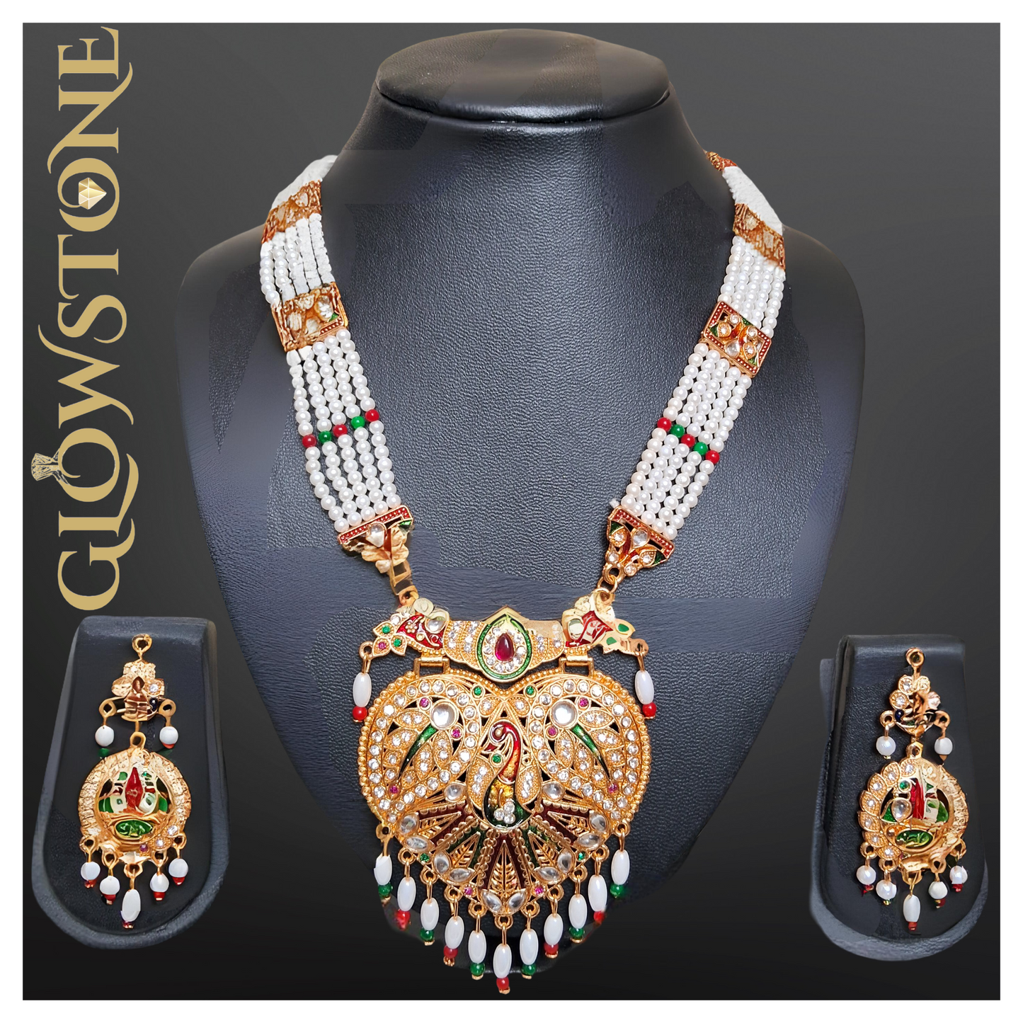 Glowstone Royal Rajputi Long Set with Pearl Beads & Kundan Necklace Set