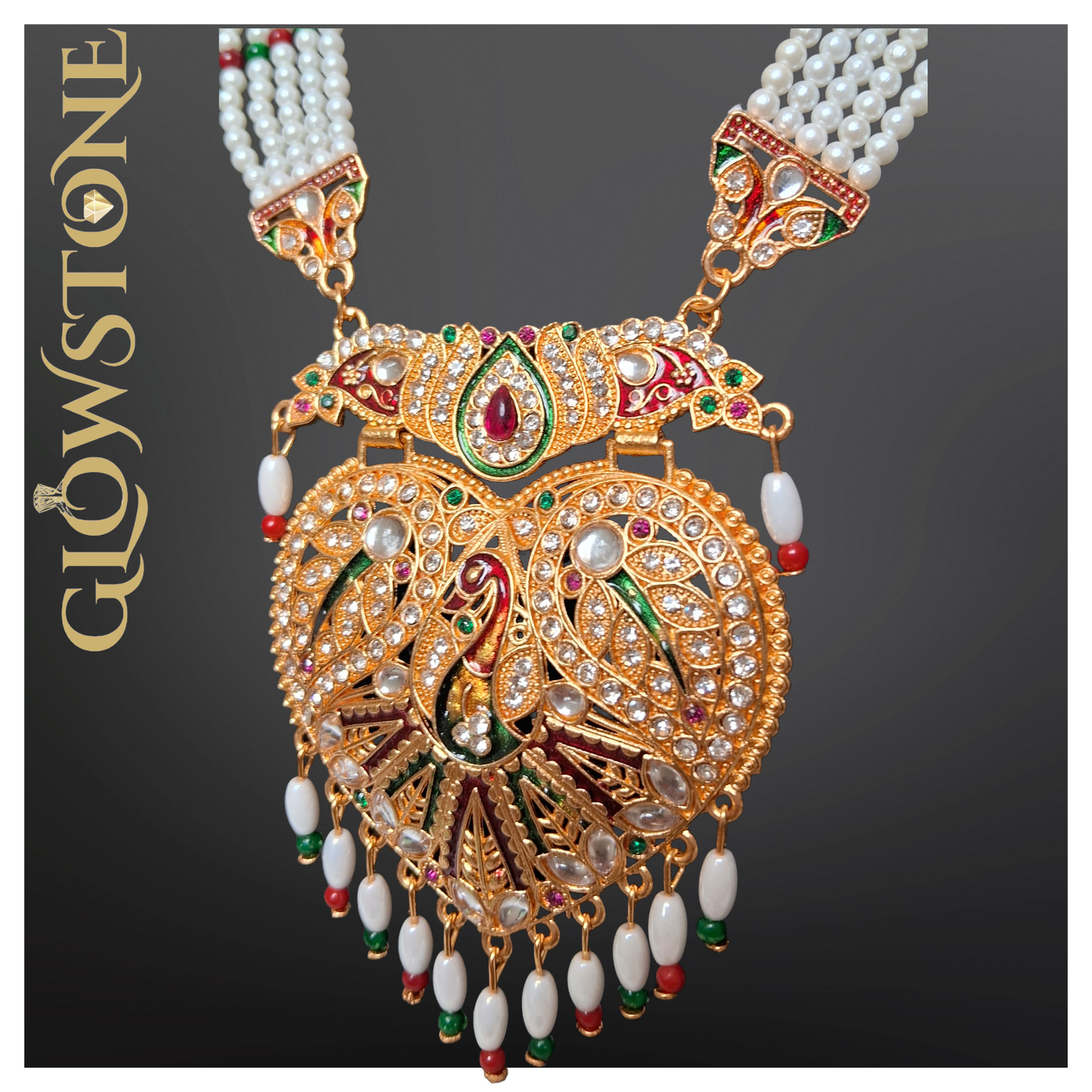 Glowstone Royal Rajputi Long Set with Pearl Beads & Kundan Necklace Set