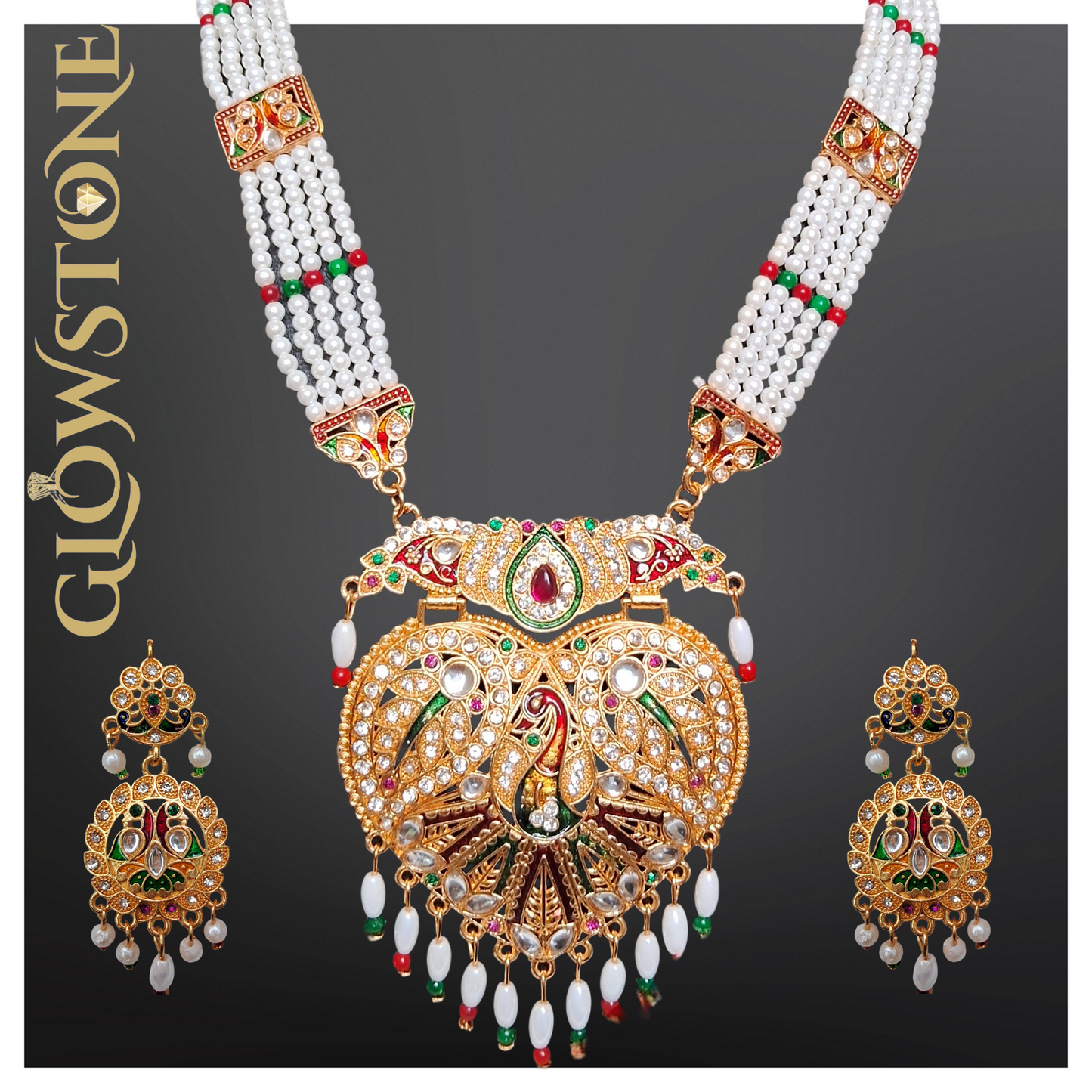 Glowstone Royal Rajputi Long Set with Pearl Beads & Kundan Necklace Set