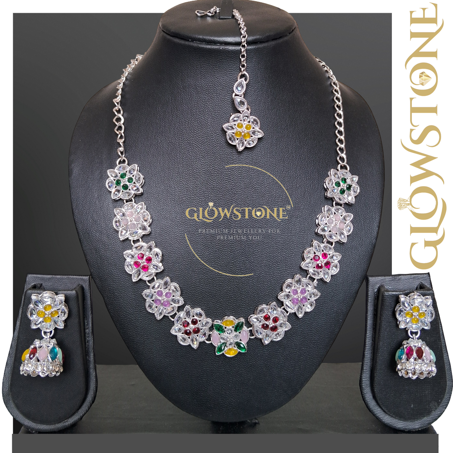 Glowstone Multicolor Necklace Set With Mangtika