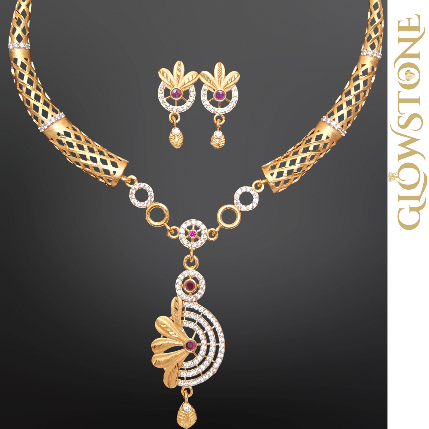 Glowstone Modern Designer Necklace Set with 1% Gold Polish & Stone Detailing