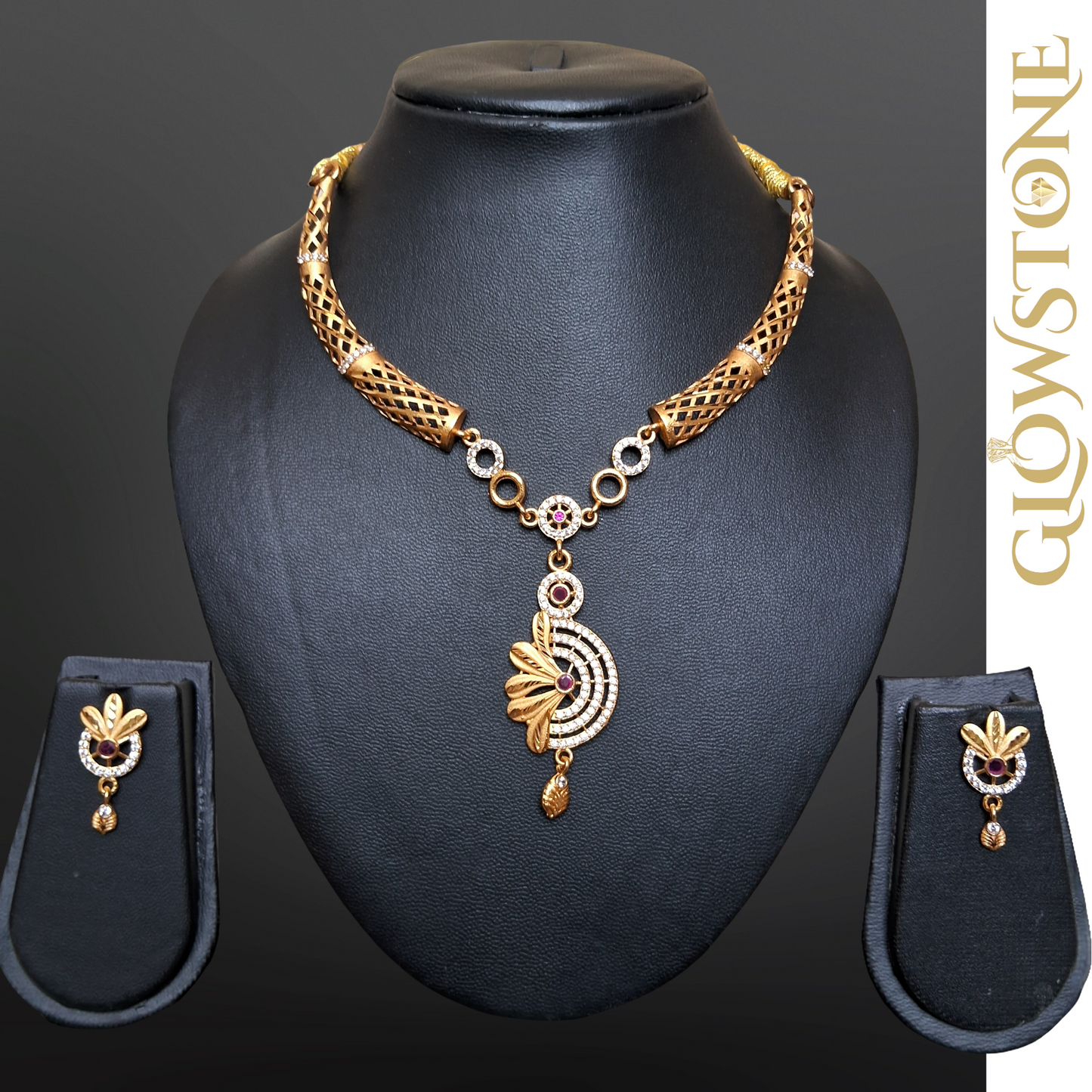 Glowstone Modern Designer Necklace Set with 1% Gold Polish & Stone Detailing