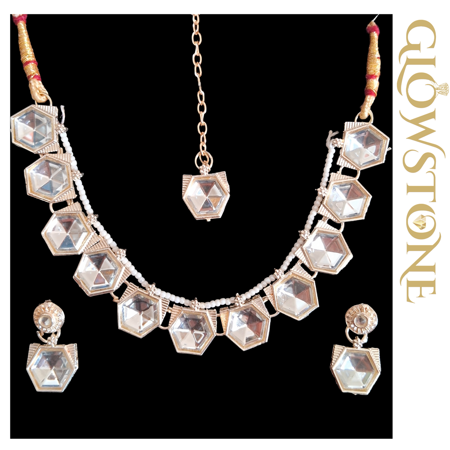 Glowstone Royal Kundan Hexa Necklace Set with Maangtika