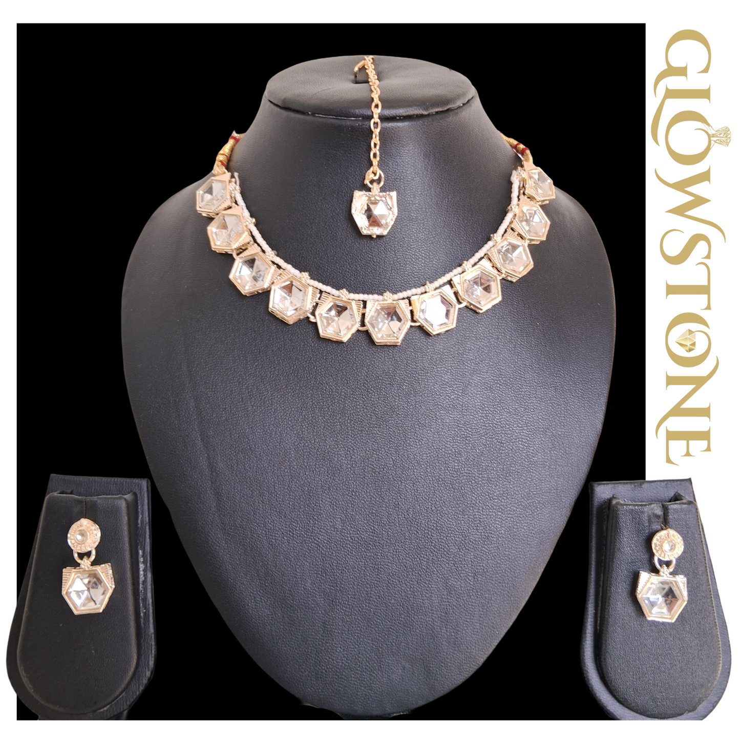 Glowstone Royal Kundan Hexa Necklace Set with Maangtika
