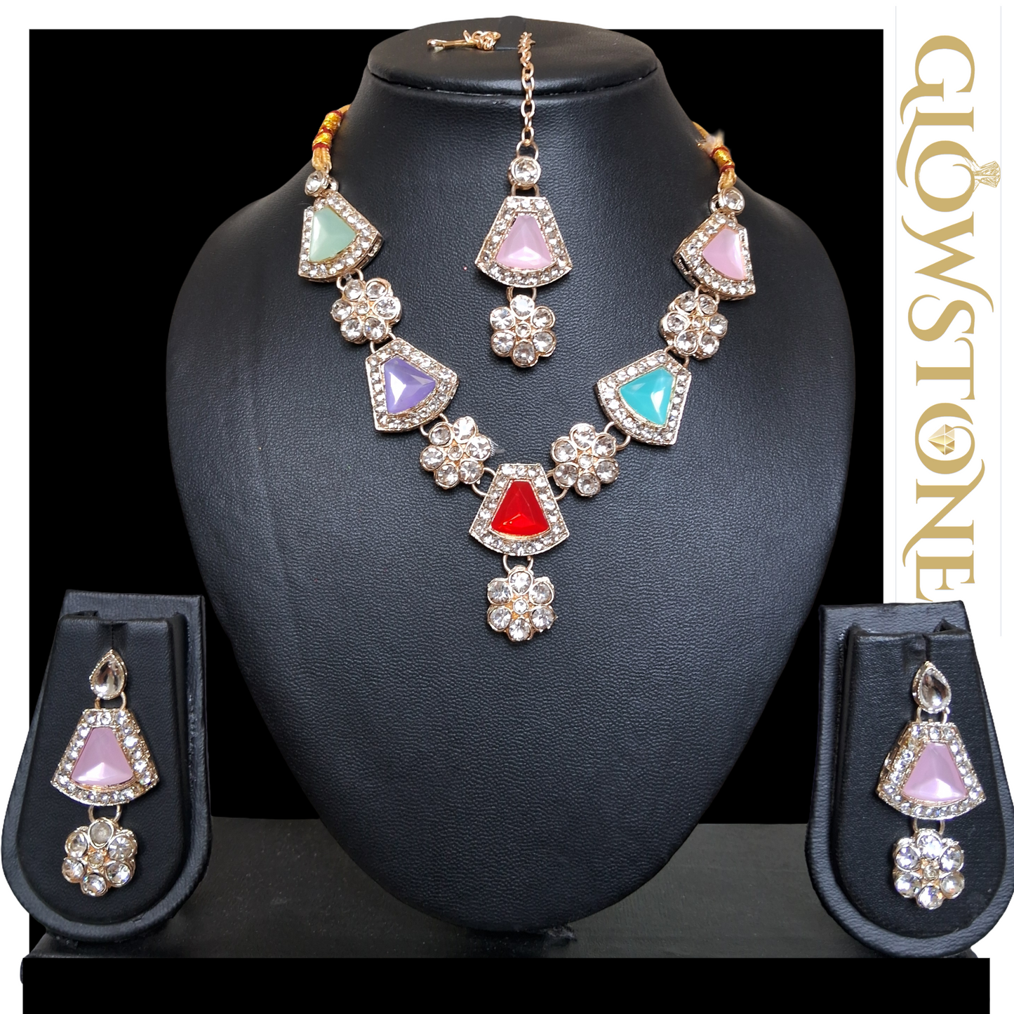 Glowstone Multicolor Stone Floral Necklace Set with Maangtika