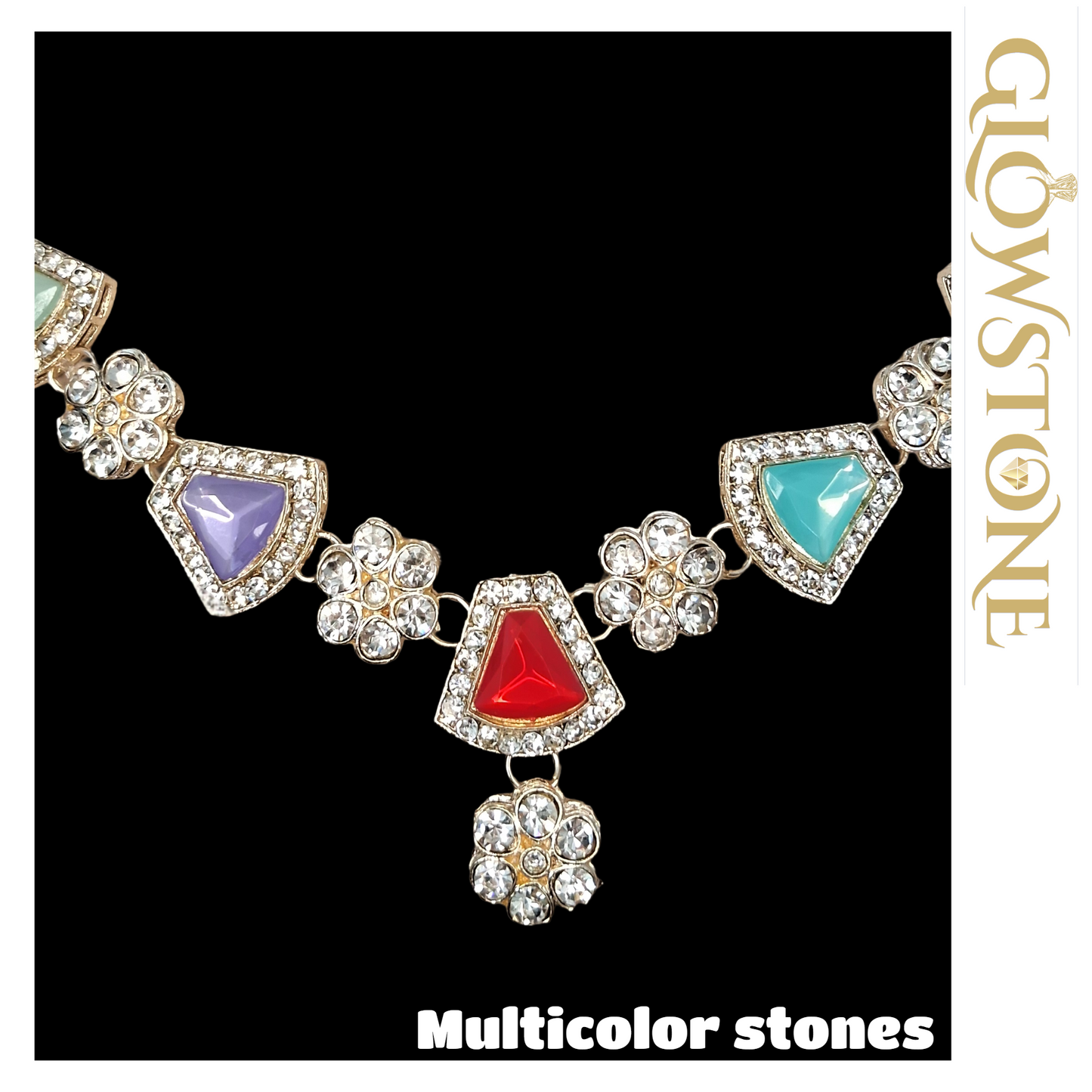 Glowstone Multicolor Stone Floral Necklace Set with Maangtika