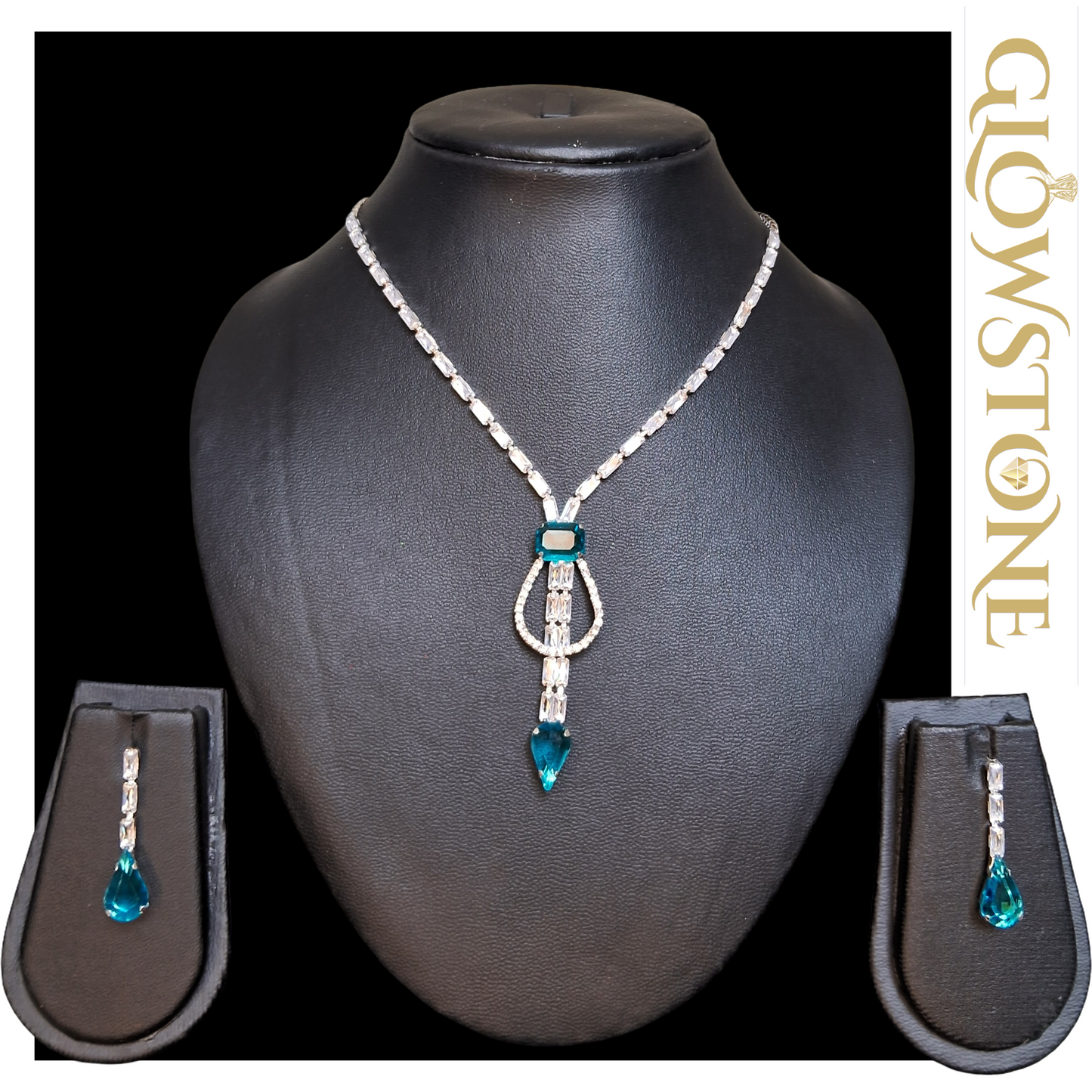 Glowstone Teal Elegance Crystal Blue Necklace Set