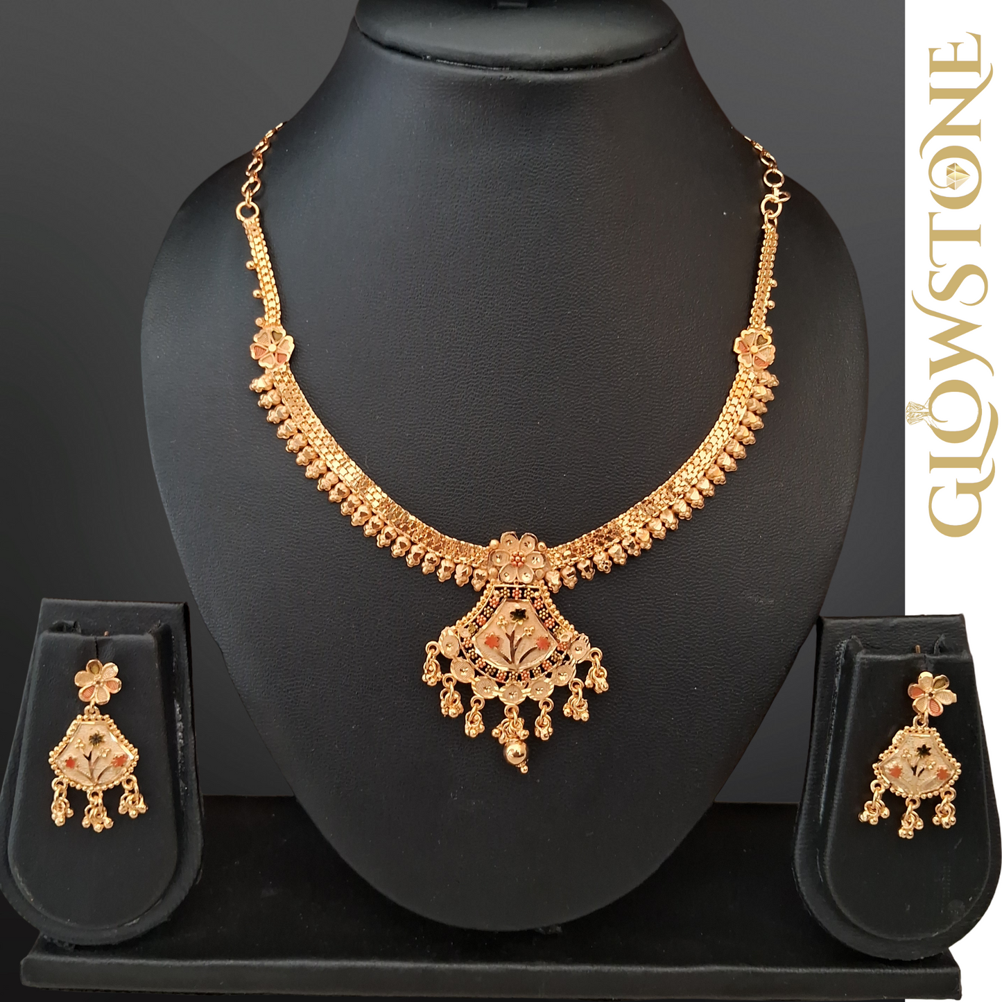 Glowstone Floral Harmony Antique Gold Necklace Set