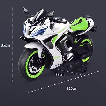 Maababy Battery Operated Ride on Bike for Kids, Electric Toy Bike with Leather Seat, Wheels Lights, Music and Key Start for Kids of Age 2 to 10 Years (White&Neon)