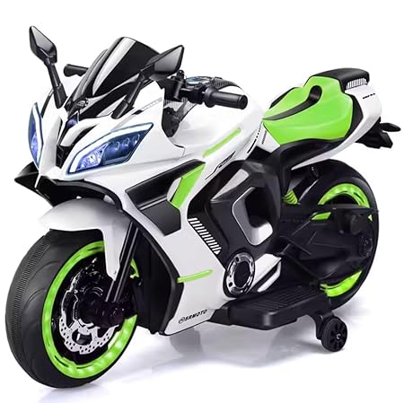 Maababy Battery Operated Ride on Bike for Kids, Electric Toy Bike with Leather Seat, Wheels Lights, Music and Key Start for Kids of Age 2 to 10 Years (White&Neon)