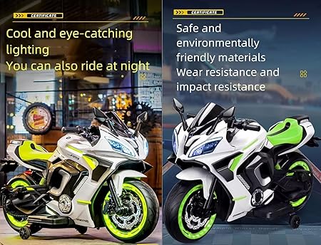 Maababy Battery Operated Ride on Bike for Kids, Electric Toy Bike with Leather Seat, Wheels Lights, Music and Key Start for Kids of Age 2 to 10 Years (White&Neon)