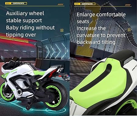 Maababy Battery Operated Ride on Bike for Kids, Electric Toy Bike with Leather Seat, Wheels Lights, Music and Key Start for Kids of Age 2 to 10 Years (White&Neon)
