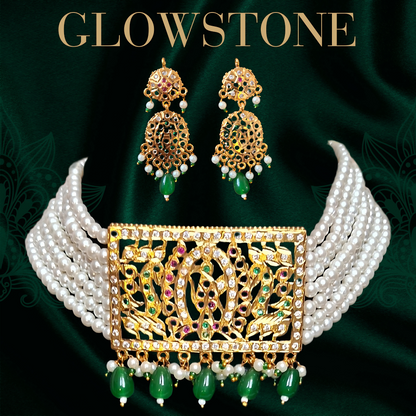 Glowstone Rajputi Pearl Choker Set with Kundan Work & Green Beads