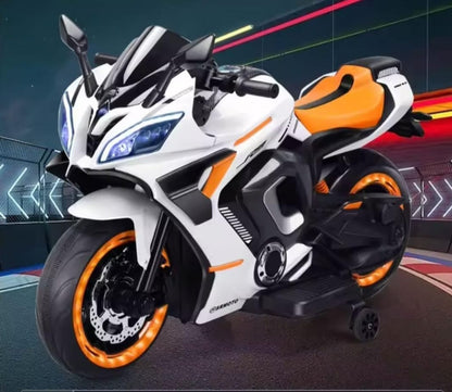 Maababy Battery Operated Ride on Bike for Kids, Electric Toy Bike with Leather Seat, Wheels Lights, Music and Key Start for Kids of Age 2 to 10 Years (White&Orange)