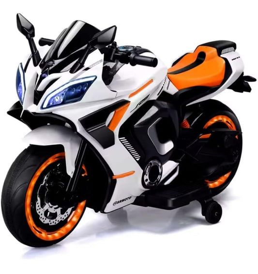 Maababy Battery Operated Ride on Bike for Kids, Electric Toy Bike with Leather Seat, Wheels Lights, Music and Key Start for Kids of Age 2 to 10 Years (White&Orange)
