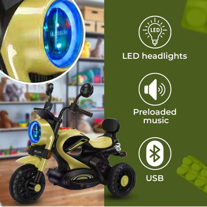 Maababy Super Harley Kids' Battery-Operated Bike - Forward/Backward Control, Variable Speed Pedal, LED Lights, Music, USB/Aux Port - BIS Certified, Comfort Seat, Playtime - Ages 1-5 Years - Golden