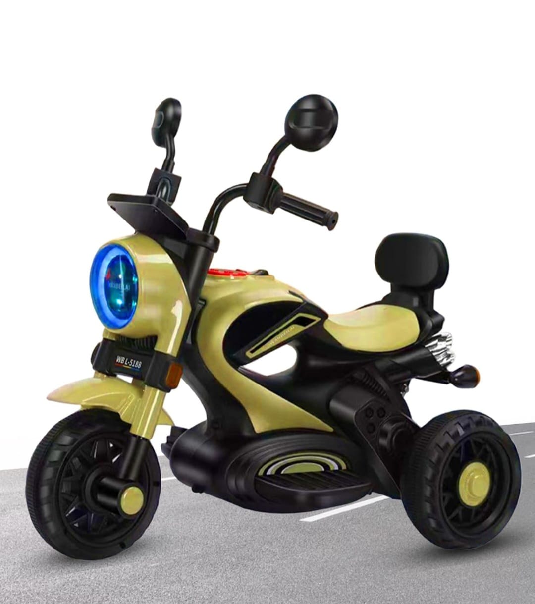 Maababy Super Harley Kids' Battery-Operated Bike - Forward/Backward Control, Variable Speed Pedal, LED Lights, Music, USB/Aux Port - BIS Certified, Comfort Seat, Playtime - Ages 1-5 Years - Golden