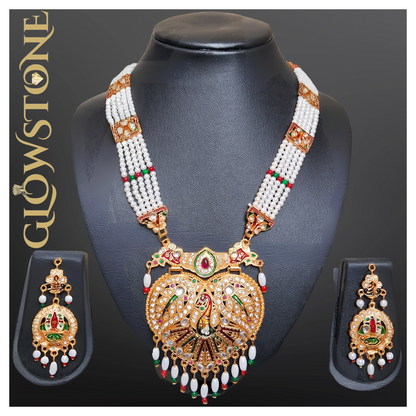 Glowstone Royal Rajputi Long Set with Pearl Beads & Kundan Necklace Set