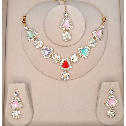 Glowstone Multicolor Stone Floral Necklace Set with Maangtika