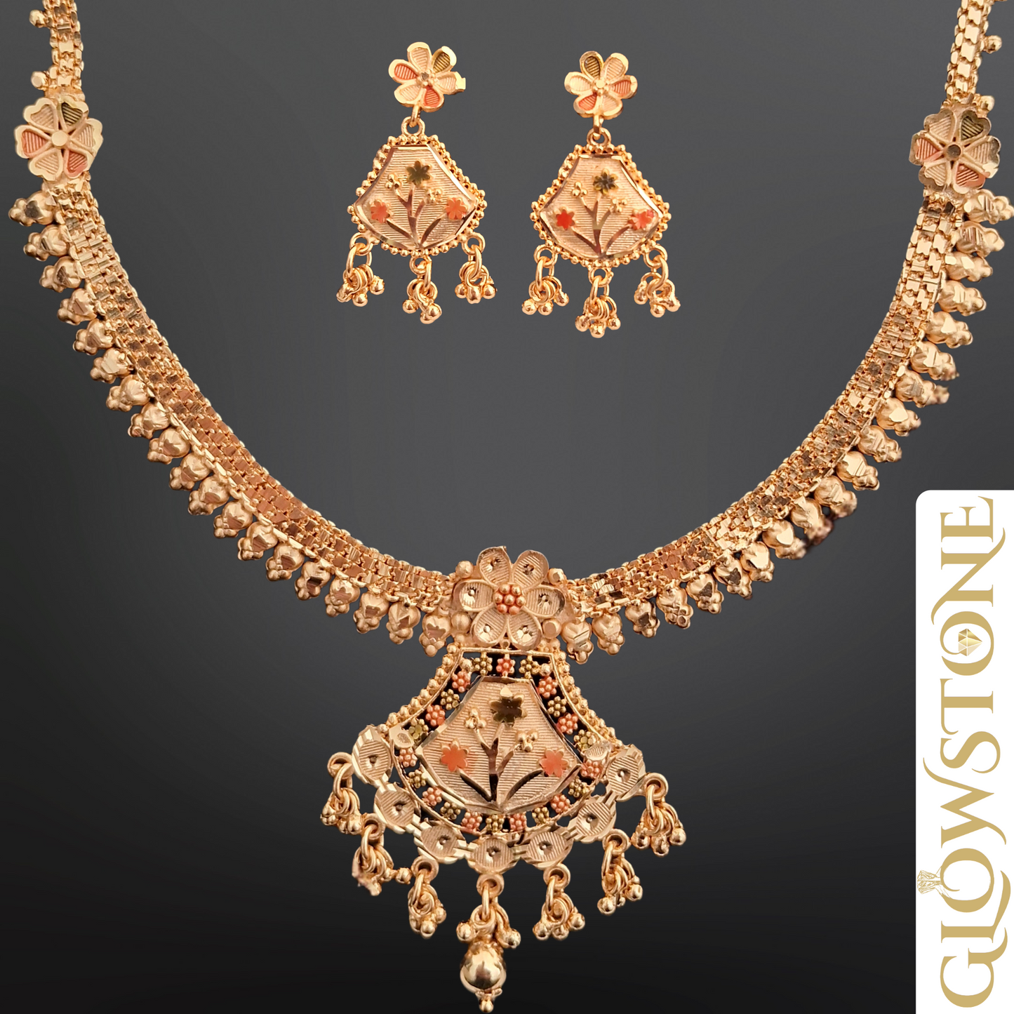Glowstone Floral Harmony Antique Gold Necklace Set